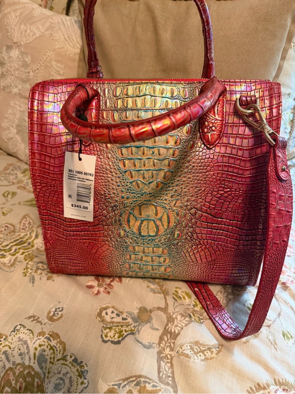 Brahmin Iridescent Pink Faux-Croc Satchel with Gold-Sheen. Eye on front and back - Picture 2 of 8